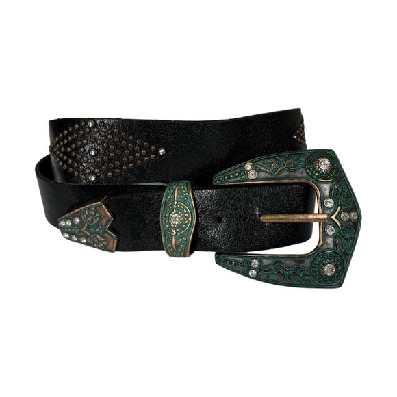 Steve Madden Western Embellished Black Leather Belt Medium Stud Rodeo Bling